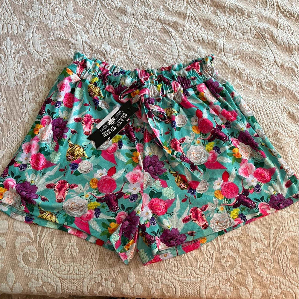 Crazy Train colorful print paper bag shorts. Size XL.